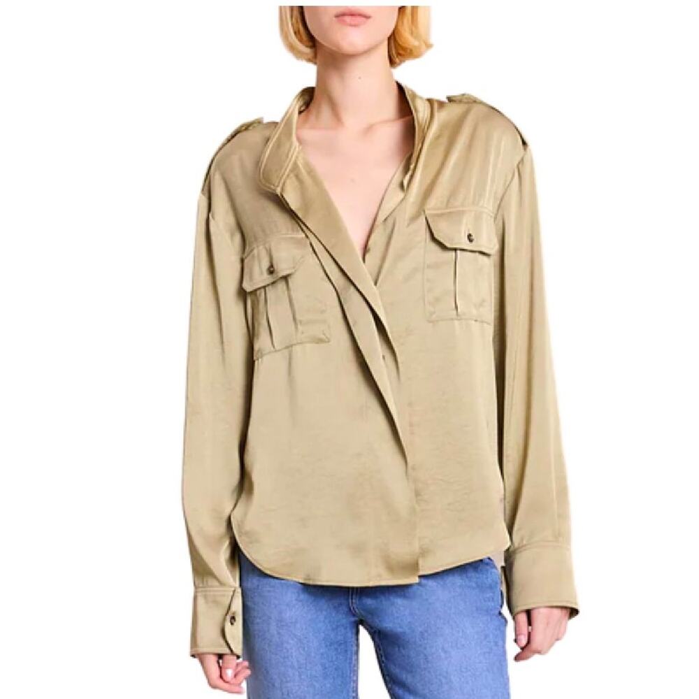A.L.C. Oakley Satin Top SIze 4 Elmwood Beige Gold Long Sleeve Button Up